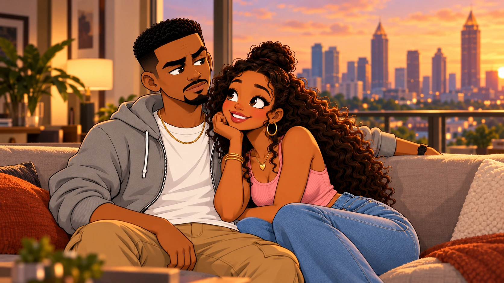 Rick and Sasha together on the couch with the Atlanta skyline behind them