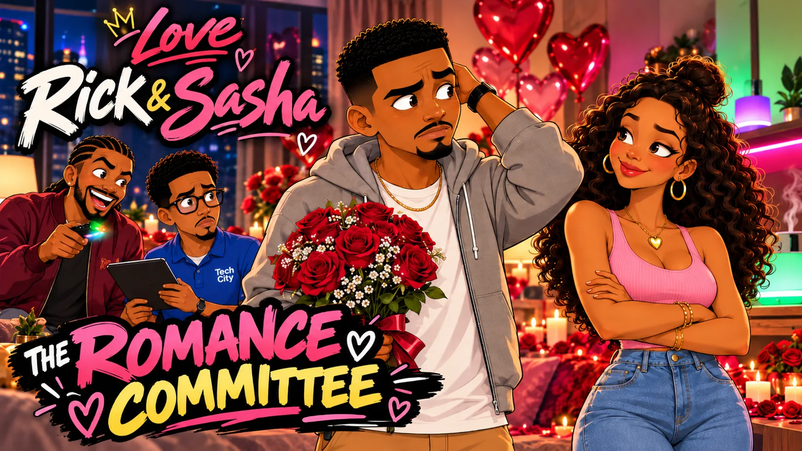 Rick looks nervous holding roses as Sasha, Malik, and Trevor look on in the Romance Committee artwork